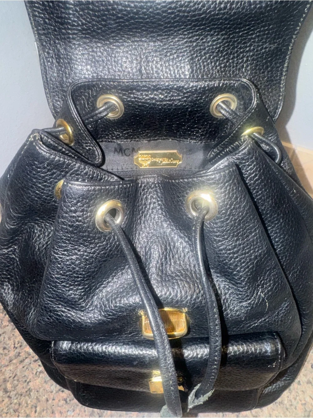 MCM Black Leather Drawstring Backpack EUC